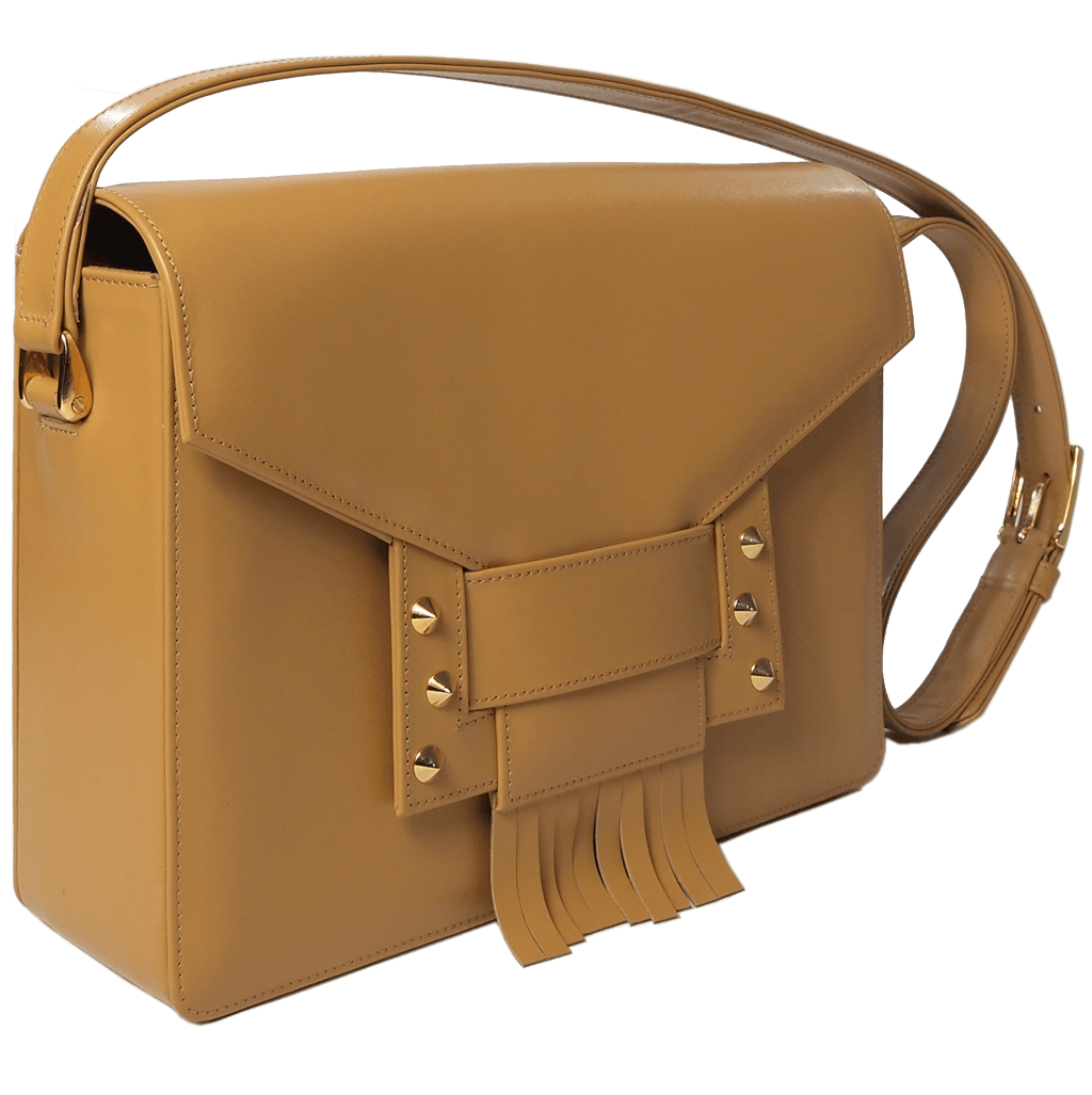 Fringed Clasp Calf Leather Shoulder Handbag Camel