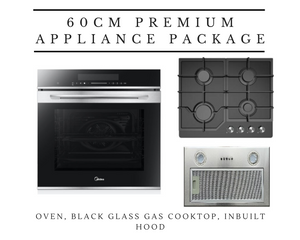 Midea 60cm Premium Cooking Appliance Package with Black Glass Gas Cooktop