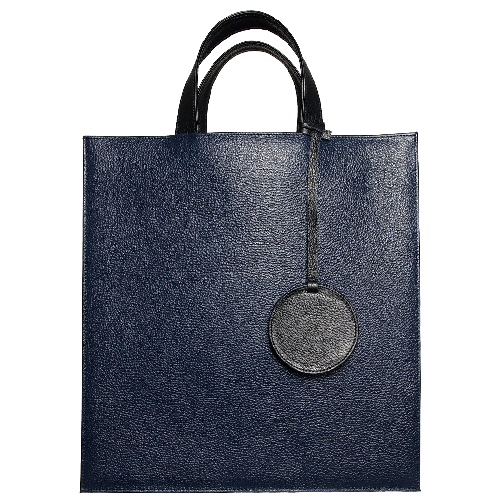 Pebbled Leather Briefcase Tote Bag Navy