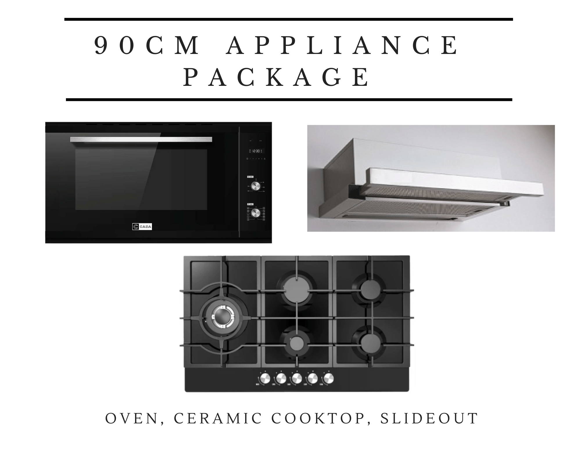 90cm Cooking Appliance Package with Black Glass Gas Cooktop