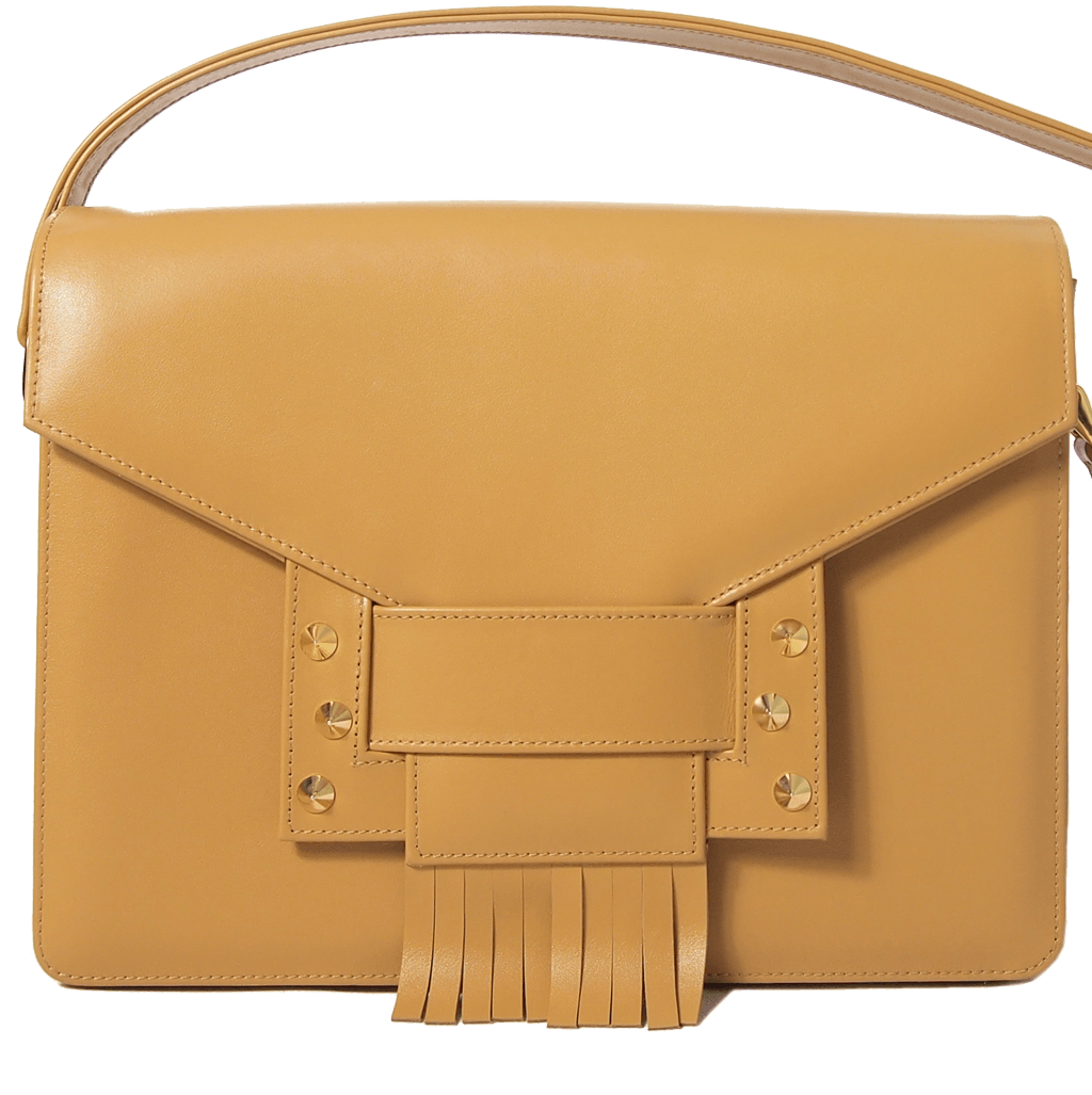 Fringed Clasp Calf Leather Shoulder Handbag Camel