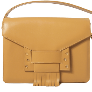 Fringed Clasp Calf Leather Shoulder Handbag Camel