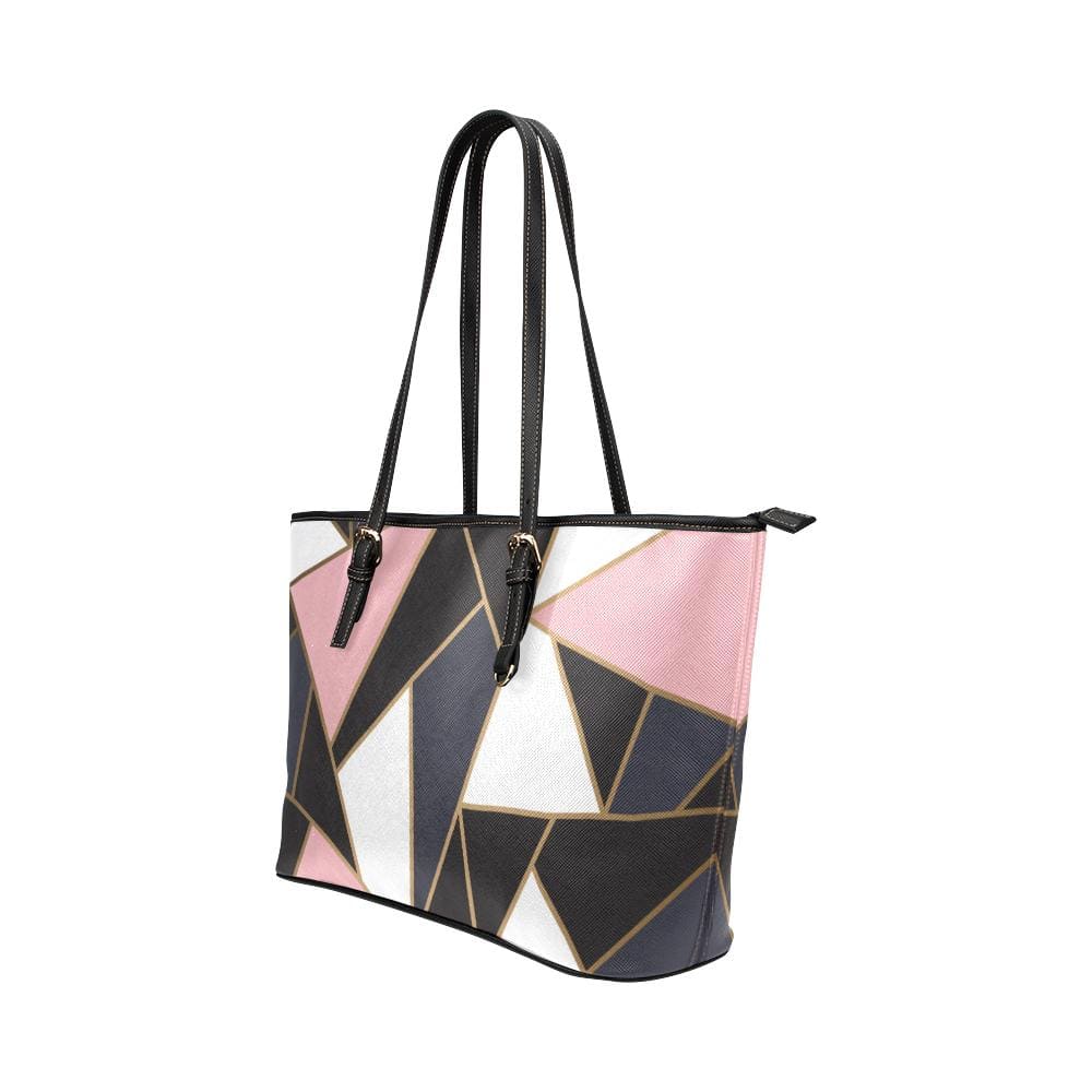 Large Leather Tote Shoulder Bag - Black and Pink Pattern