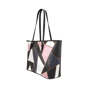 Large Leather Tote Shoulder Bag - Black and Pink Pattern