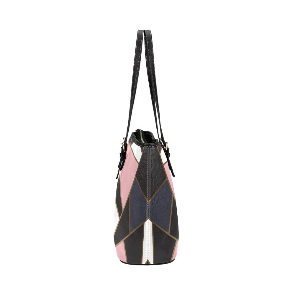 Large Leather Tote Shoulder Bag - Black and Pink Pattern