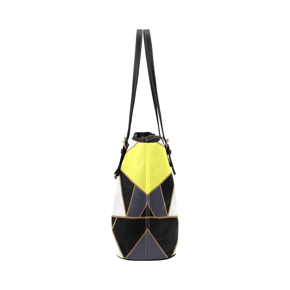 Large Leather Tote Shoulder Bag - Black and Yellow Pattern