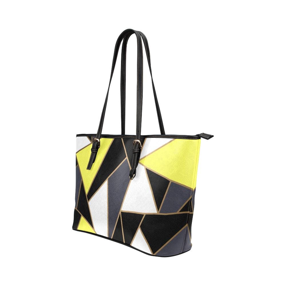 Large Leather Tote Shoulder Bag - Black and Yellow Pattern