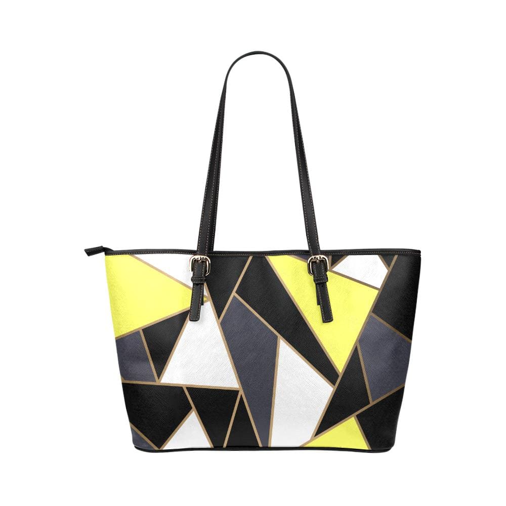 Large Leather Tote Shoulder Bag - Black and Yellow Pattern