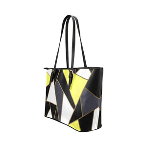 Large Leather Tote Shoulder Bag - Black and Yellow Pattern