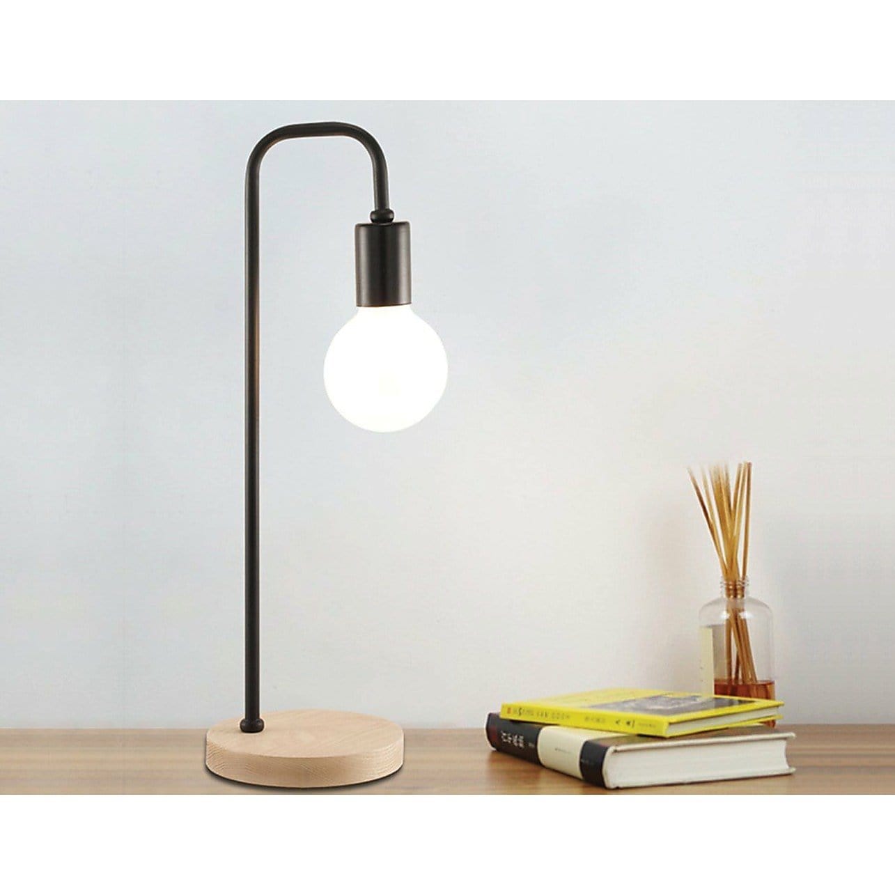 Modern Black Table Lamp with Timber Base – Industrial Gooseneck Desk Light