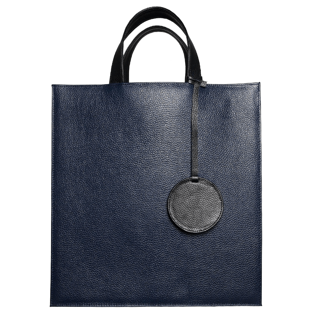 Pebbled Leather Briefcase Tote Bag Navy